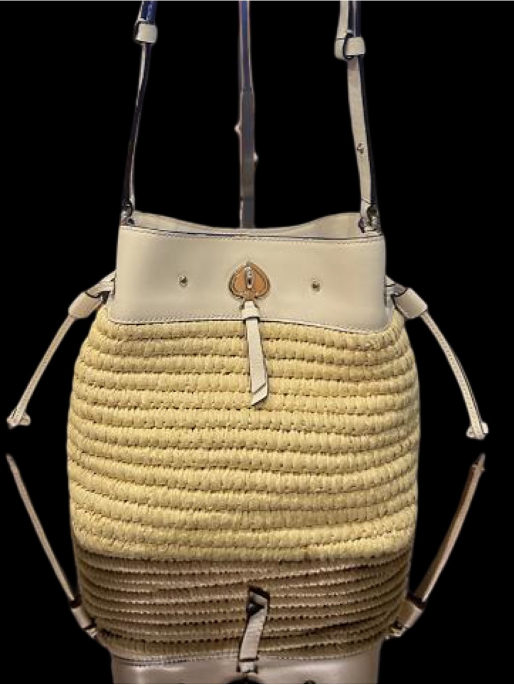 Kate Spade New York Raffia Bucket Crossbody Bag – Cream Leather Trim